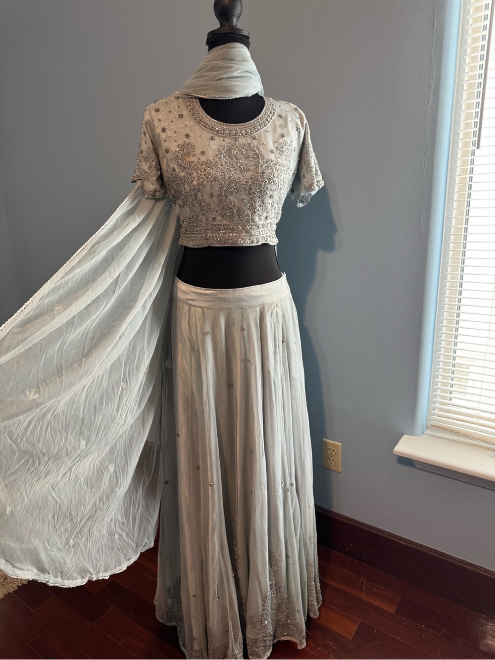 Embellished Light Gray Women's A-Line Lehenga Skirt with Dupatta